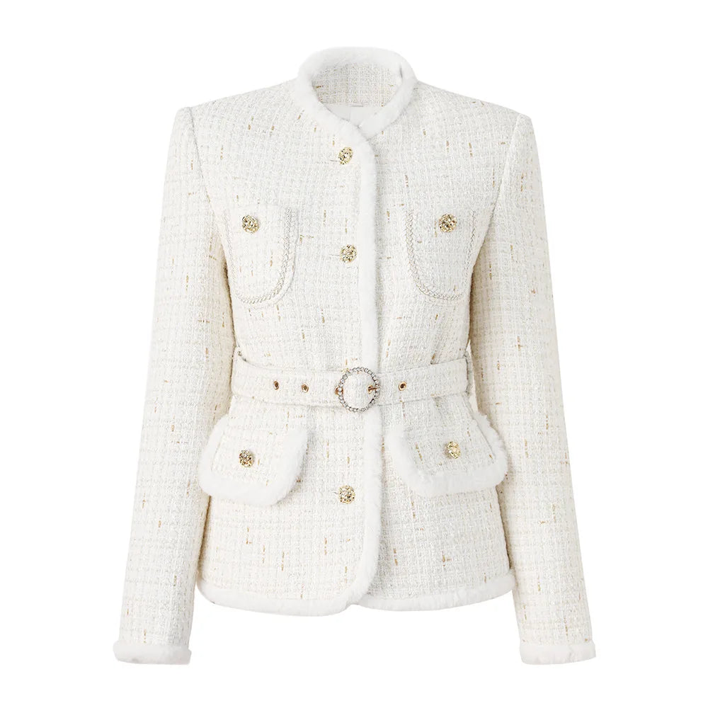 White Tweed Belted Jacket Winteres