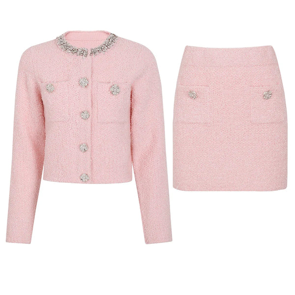 Crystal O-Neck Cardigan & Mini Skirt Set Winteres