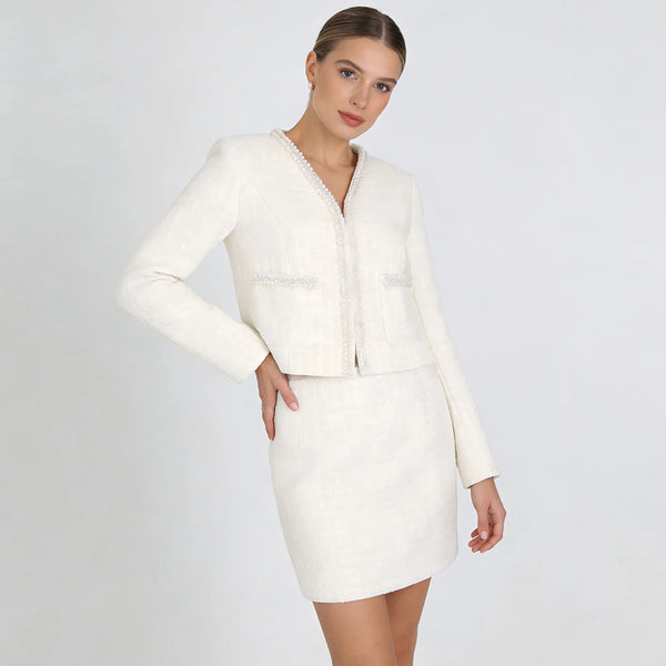Beaded Tweed V-Neck Coat & Skirt Set Winteres
