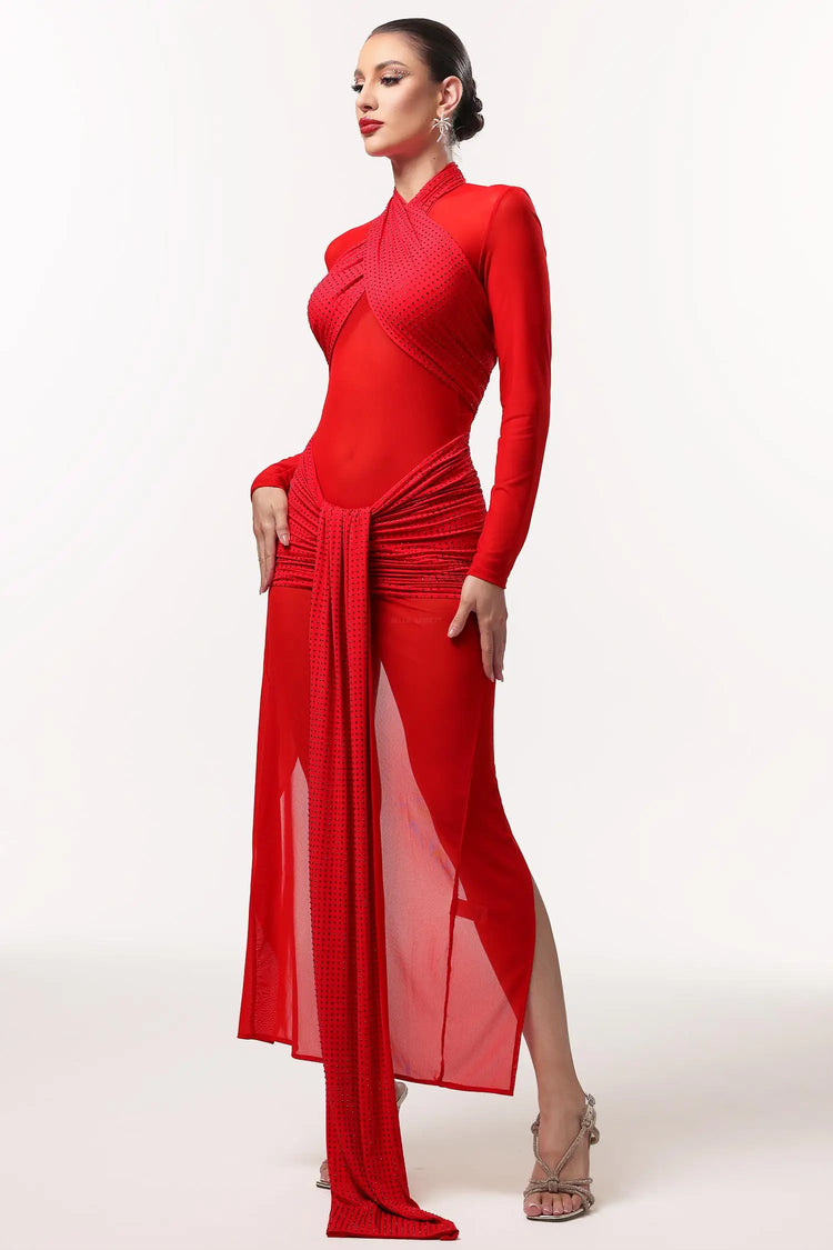 Women Chic IYaliu Sexy Contour Long Sleeve Ruched Crystal Mesh Max Ladies Bodycon Occassion Birthday Cocktail Prom Party Dresses – Winteres