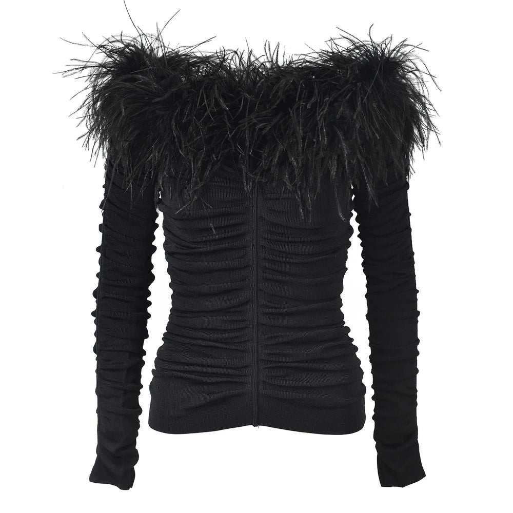 Feather Trim Boat Neck Sweater Winteres