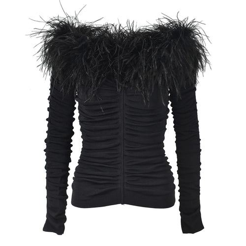 Feather Trim Boat Neck Sweater Winteres