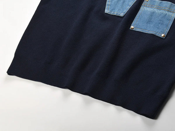 Denim Patchwork V-Neck Sweater Winteres