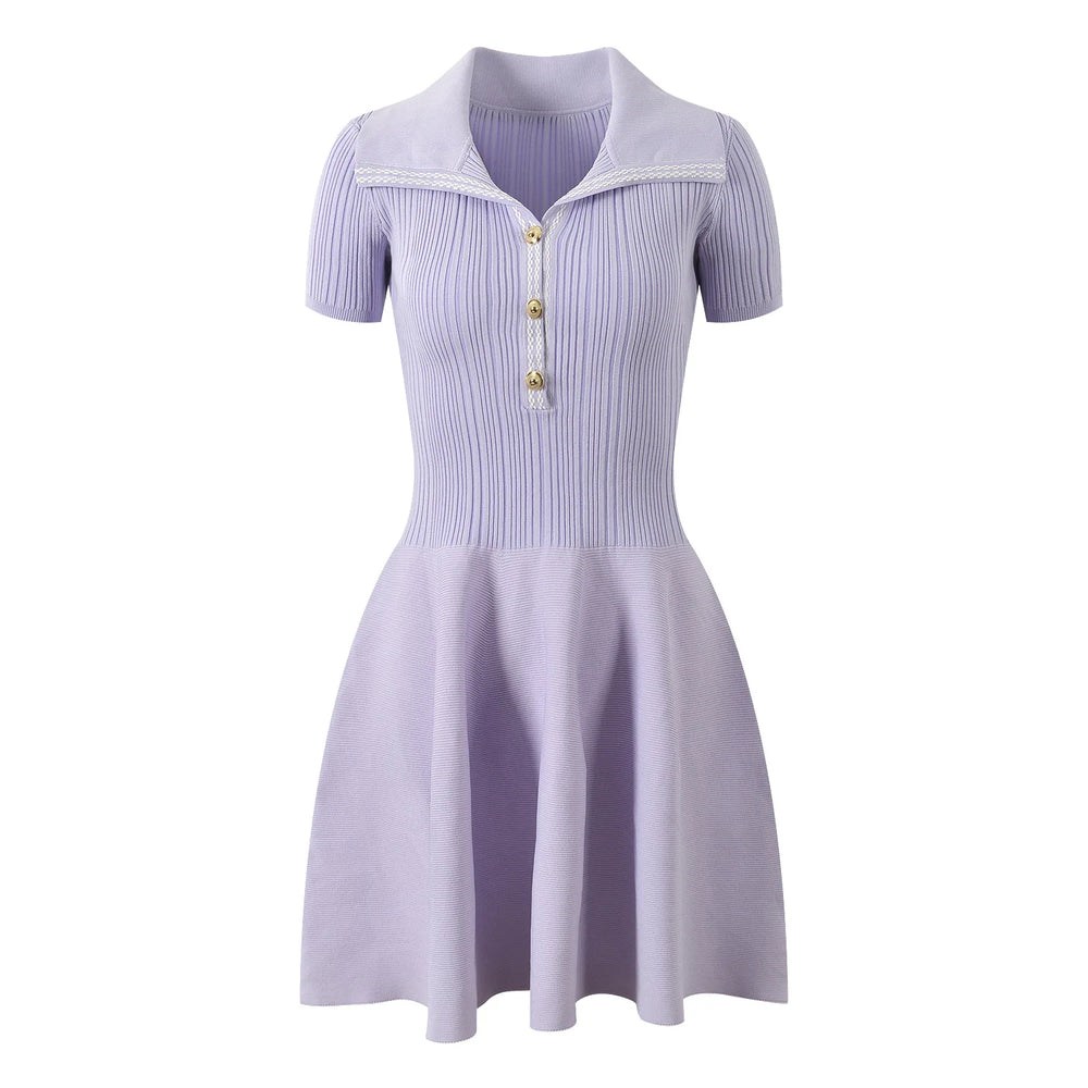 Lavender dress with a collar and buttons on a white background