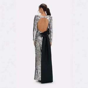 Fashion 2026 Luxury Solid Vintage Casual Beaded Glitter Long Sleeve Silver Party Dress Backless Bow Formal Maxi Women Dress Winteres