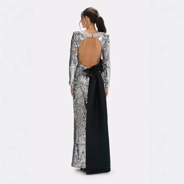 Fashion 2026 Luxury Solid Vintage Casual Beaded Glitter Long Sleeve Silver Party Dress Backless Bow Formal Maxi Women Dress Winteres