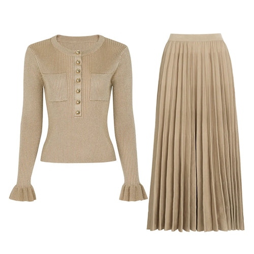 Slim Knit Sweater & Pleated Skirt Set Winteres