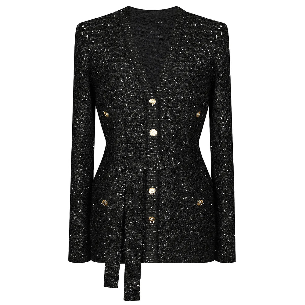 Sequin V-Neck Belted Cardigan Winteres