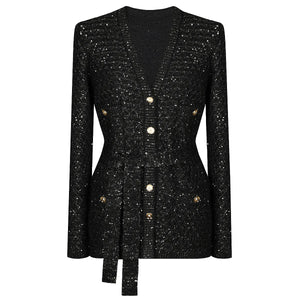 Sequin V-Neck Belted Cardigan Winteres