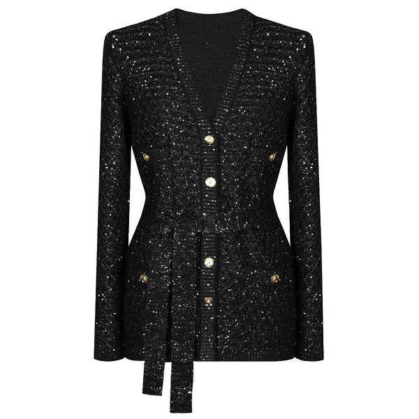 Sequin V-Neck Belted Cardigan Winteres