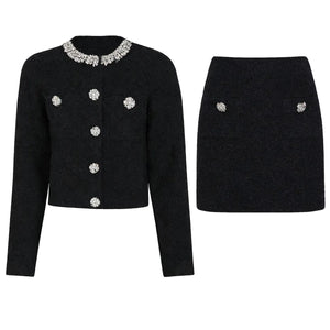 Crystal O-Neck Cardigan & Mini Skirt Set Winteres