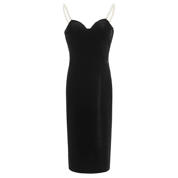 Black dress with pearl straps on a white background