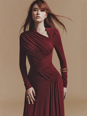 2025 New Niche Design Asymmetrical Pleated Long Sleeve Midi Dress Casual Woven Anti-Static Natural Waist Winteres