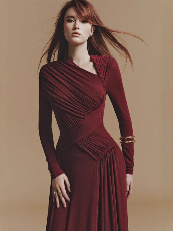 2025 New Niche Design Asymmetrical Pleated Long Sleeve Midi Dress Casual Woven Anti-Static Natural Waist Winteres