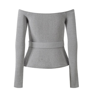 Gray long-sleeve top with a belt on a white background