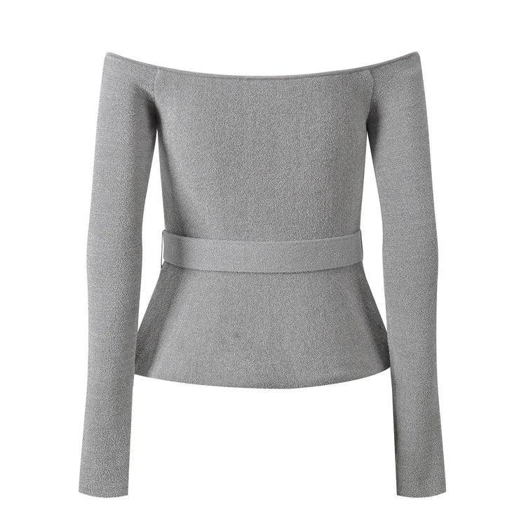 Gray peplum jacket with embellishments on shoulders and belt buckle on a white background