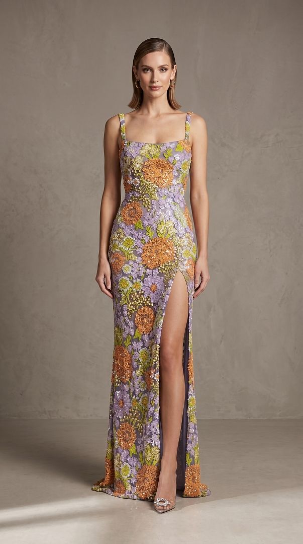 Woman wearing a floral evening gown against a neutral background