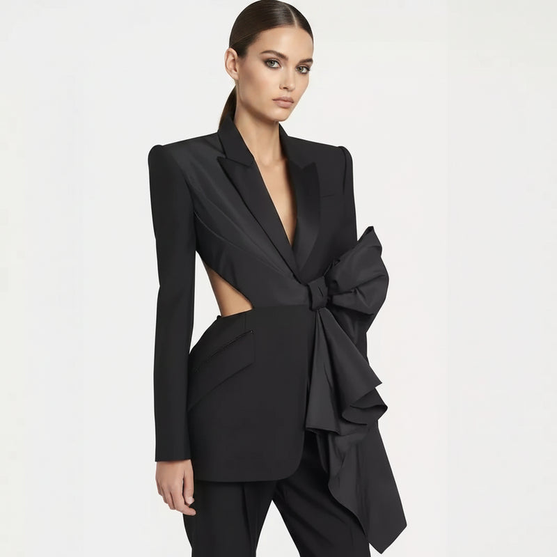 New Fashionable Summer Women's Blazer Suit with Sexy V-Neck Bow Splice Design Single Button Closure and Woven Waist Lacing – Winteres