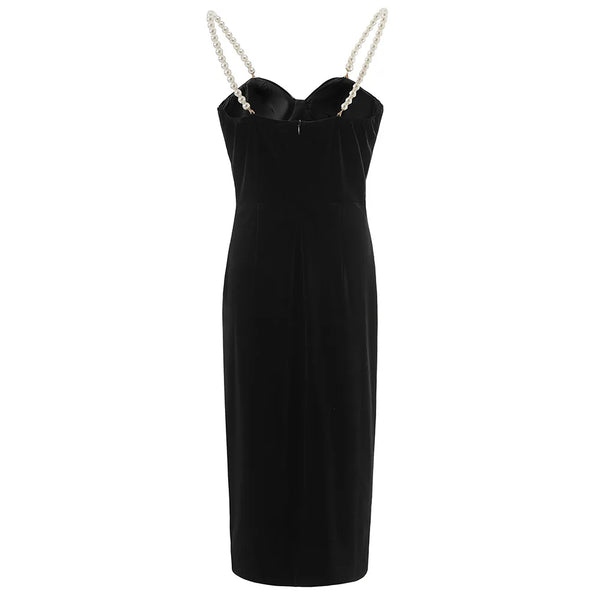Black dress with chain straps on a white background