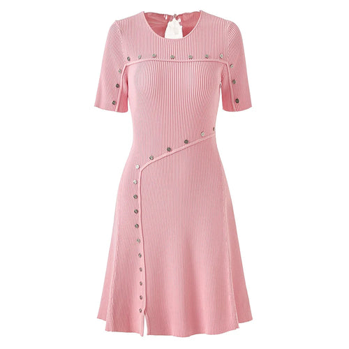 Pink dress with button details on a white background