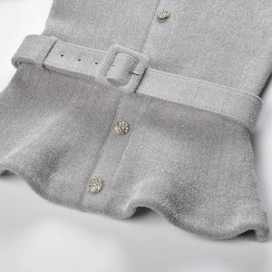 Gray coat with a belt and buttons on a white background