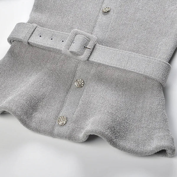 Gray coat with a belt and buttons on a white background