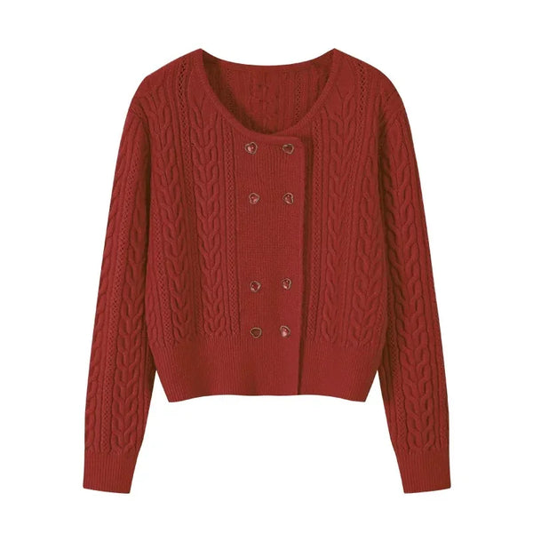 Cable Double-Breasted Crew-Neck Cardigan Winteres