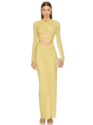 New Fashion Solid Color Fashion Wind Hollow Out Heavy Pleated Long Sleeve Low-cut Sexy Party Dress Winteres