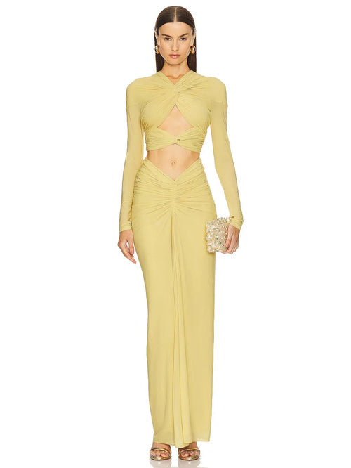 New Fashion Solid Color Fashion Wind Hollow Out Heavy Pleated Long Sleeve Low-cut Sexy Party Dress Winteres