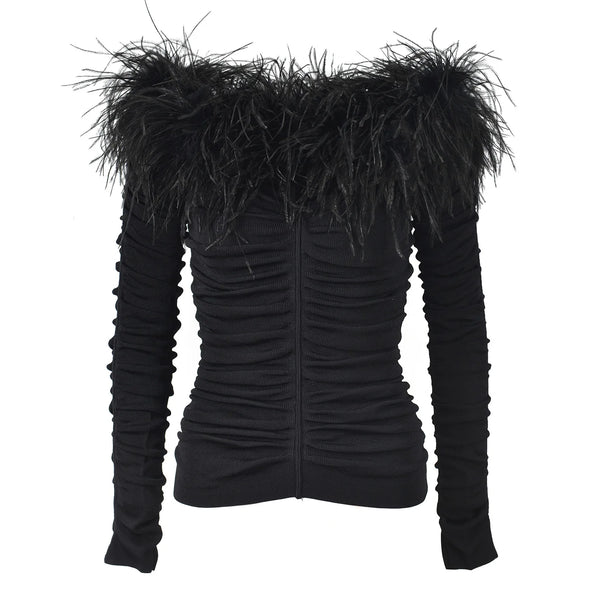 Feather Trim Boat Neck Sweater Winteres