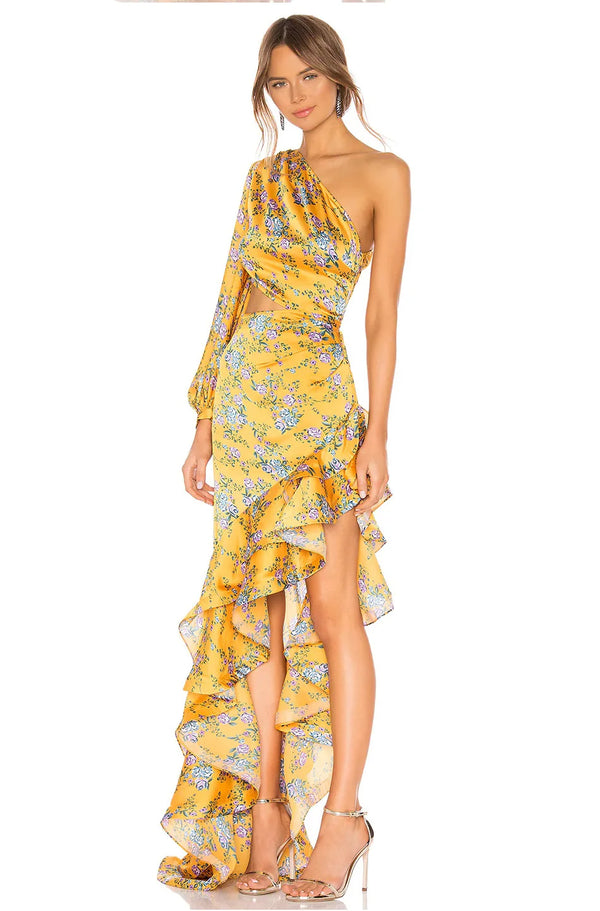 Ladies One-Shoulder Floral Print Ball Gown Casual Style Maxi Length Waist Cut-out Irregular Hem Strapless Neckline Bow Winteres