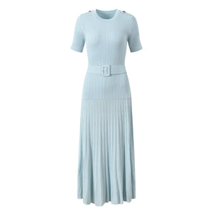 Light blue ribbed dress with a belt on a white background