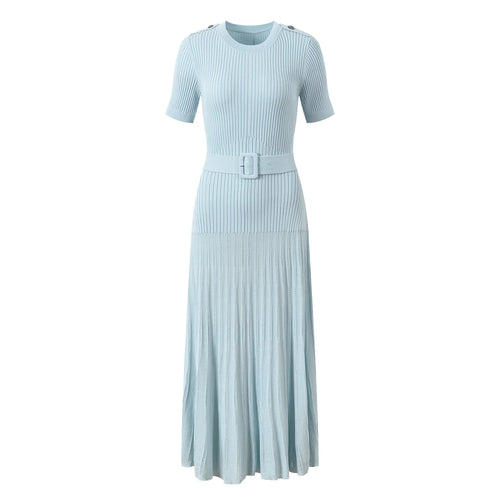 Light blue ribbed dress with a belt on a white background
