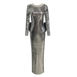 Fashion 2026 Luxury Solid Vintage Casual Beaded Glitter Long Sleeve Silver Party Dress Backless Bow Formal Maxi Women Dress Winteres