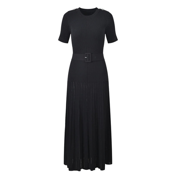 Black dress with a belt on a white background