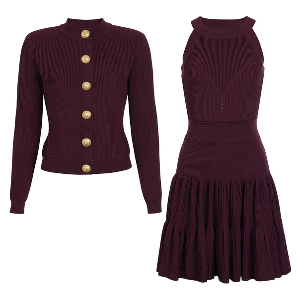 Halter Knit Dress Cardigan Set Midi Winteres