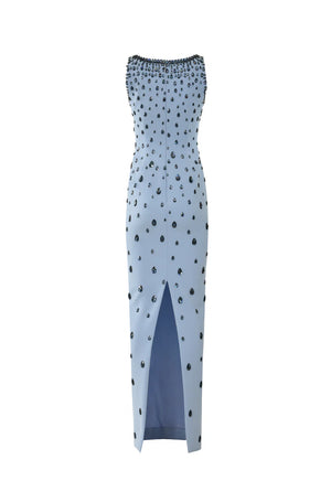 Long dress with a slit on a white background