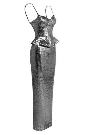 A metallic silver sequined midi dress with spaghetti straps, a structured sweetheart bodice, and a peplum waist, shown against a plain white background.