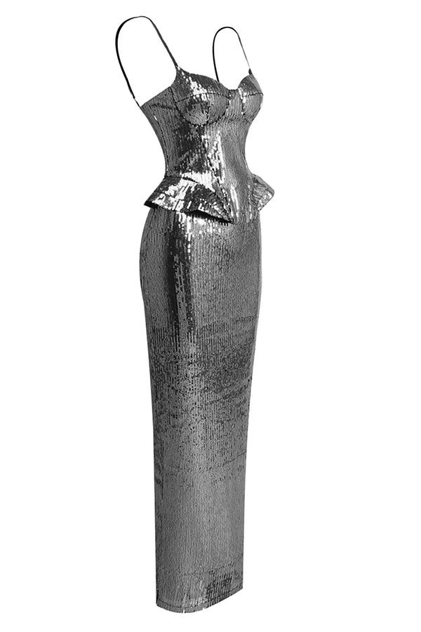 A metallic silver sequined midi dress with spaghetti straps, a structured sweetheart bodice, and a peplum waist, shown against a plain white background.