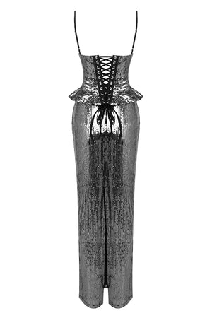 Silver sequin jumpsuit with lace-up back on a white background