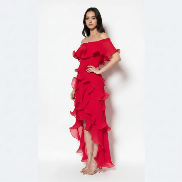 Woman wearing a red off-shoulder ruffled dress on a white background