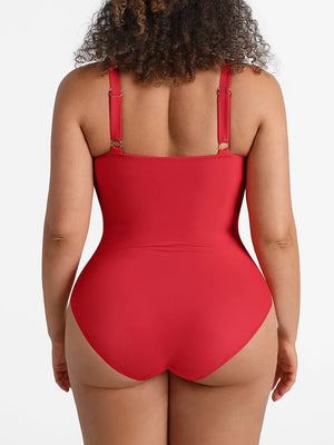Red swimsuit worn by a person on a white background