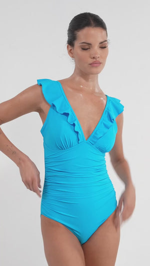 Ruffle-Shoulder Lace-Up Bikini