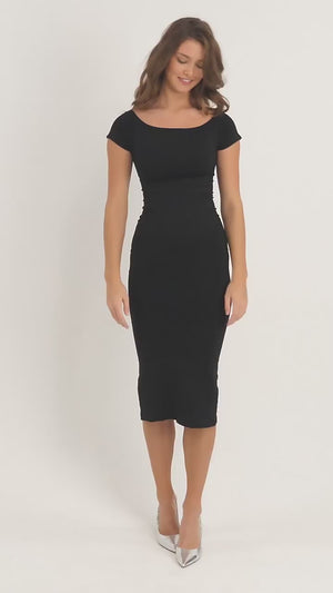 Long-Sleeve Tummy-Compression Midi Dress