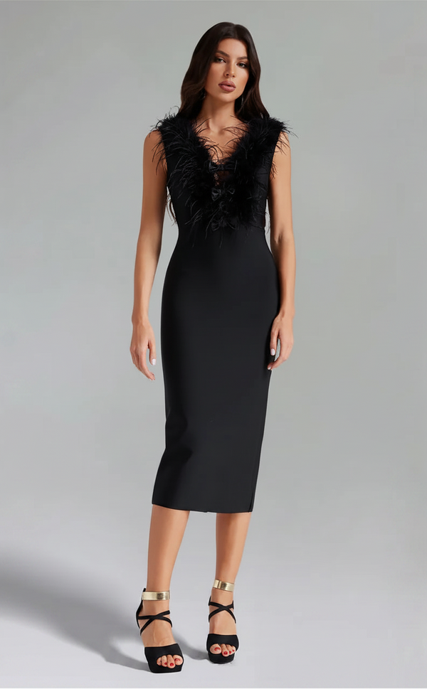 Woman wearing a black dress with feathered details on a gray background